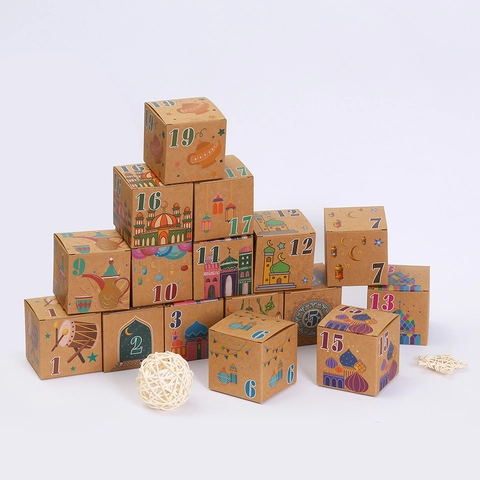 Eid Mubarak Ramadan Countdown Gift Boxes Kraft Paper Packaging Bags With Mosque Moon Pattern For Party Favor Candy Cake