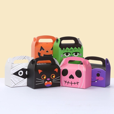 Halloween Paper Gift Boxes With Handle Cartoon Pumpkin Mummy Cat Pattern Treat Candy Boxes For Festival Party Decoration