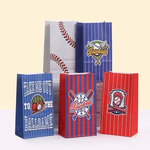 Baseball Theme Kraft Paper Gift Bags Sports Patterns Party Favors Candy Packaging Stripes Baseball Glove Design Goodie Bags