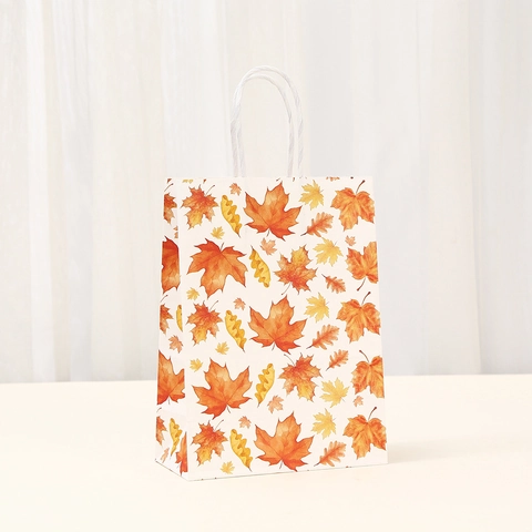Thanksgiving Kraft Paper Gift Bags Maple Leaf Pumpkin Print Autumn Harvest Party Favor Bags With Handles For Gift Wrapping