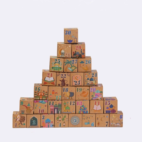 Eid Mubarak Ramadan Countdown Gift Boxes Kraft Paper Packaging Bags With Mosque Moon Pattern For Party Favor Candy Cake