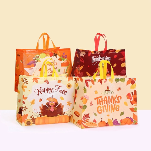 Thanksgiving Non-woven Tote Bag Waterproof Reusable Shopping Bag With Autumn Harvest Pumpkin Patterns For Holiday Gifts Storage