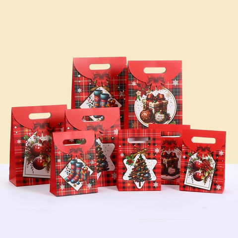 Kerst Rood Zwart Geruite Cadeauzakjes Met Strik Kraftpapier Draagtas Voor Feestdagen Snoep En Cadeau Verpakking