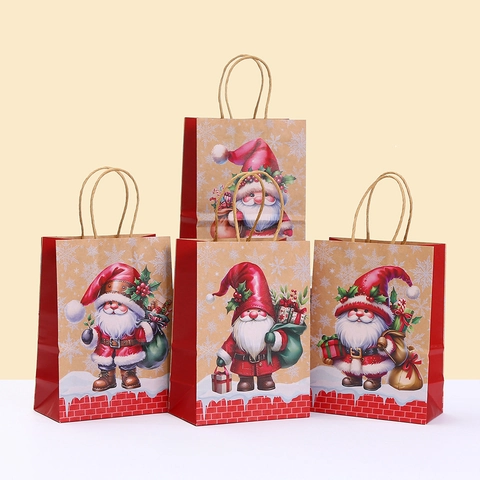 Sacs Cadeaux de Noël Papier Kraft Dessin Animé Père Noël Gnome Imprimé Emballage de Fête Sacs à Main Pour Célébration