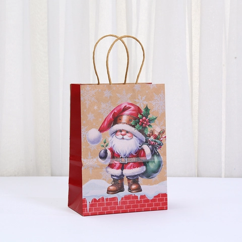 Christmas Cartoon Print Kraft Paper Gift Bags With Handles Santa Claus Gnome Holiday Wrapping Bags For Party Packing