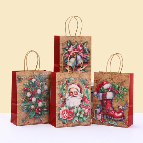 Christmas Gift Bags Vintage Kraft Paper Tote Bags With Handles Santa Claus Holly Patterns Holiday Party Favor Wrapping Bags