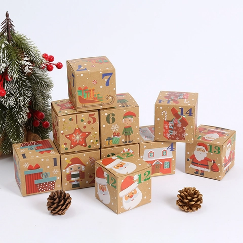 Christmas Advent Calendar Kraft Paper Gift Boxes With Window Holiday Party Favors Treats Candy Packaging Cookie Bags