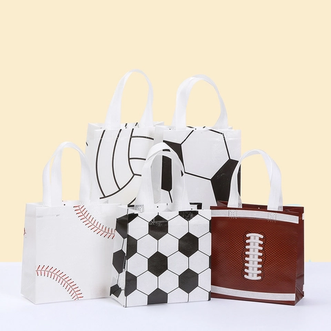 Sports Theme Non-Woven Tote Gift Bags For Party Birthday Soccer Baseball Volleyball Rugby Pattern Reusable Shopping Bag