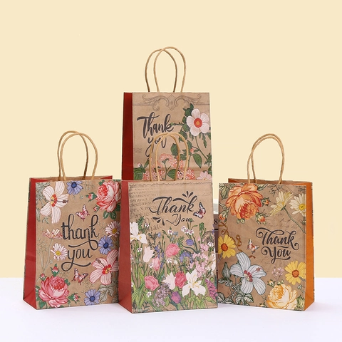 Blumen Kraftpapier Geschenktüten Mit Griffen Retro Thank You Druck Verpackungsbeutel Für Geburtstag Hochzeit Party