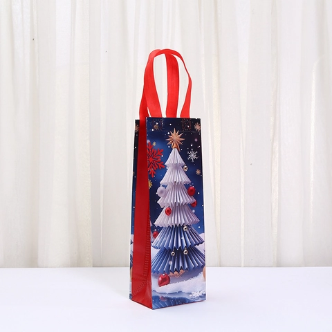 Christmas Laminated Non-Woven Fabric Wine Gift Bags Reusable Printed Shopping Tote Bags With Handles For Holiday Party Decor