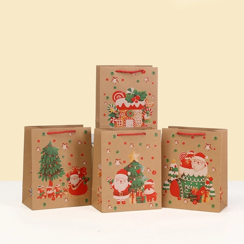 Sac Cadeau en Carton Blanc de Noël Père Noël Maison en Pain d'Épices Imprimé Sac à Bonbons Emballage de Fête Sac à Main