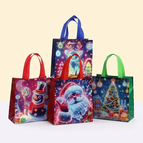 Neon Style Christmas Gift Bags Santa Reindeer Snowman Laminated Non-Woven Tote Bag Festive Party Favor Packaging Handbag Decoration