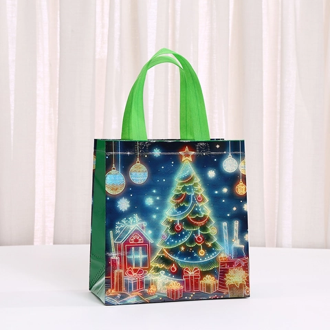 Neon Style Christmas Gift Bags Santa Reindeer Snowman Laminated Non-Woven Tote Bag Festive Party Favor Packaging Handbag Decoration