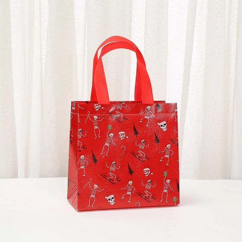 Bolsa de Regalo Gótica Laminada de Tela No Tejida Halloween Navidad Patrón Calavera Gorro de Papá Noel Bolsa de Compras