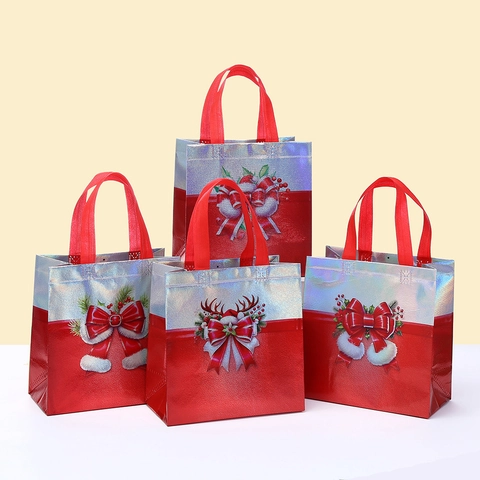 Laser Metallic Christmas Gift Bag Non-Woven Tote Bag With Red Bow Reindeer Antlers For Holiday Party Gift Wrapping