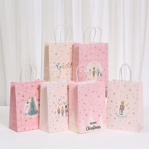 Sacs Cadeaux de Noël en Papier Kraft Rose Avec Poignées Sacs à Bonbons pour Fête de Noël Emballage de Souvenirs