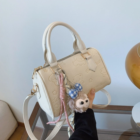 Women Cartoon Bear Embossed PU Leather Boston Pillow Bag Fashion Casual Shoulder Crossbody Bag Handheld Bag With Adjustable Strap