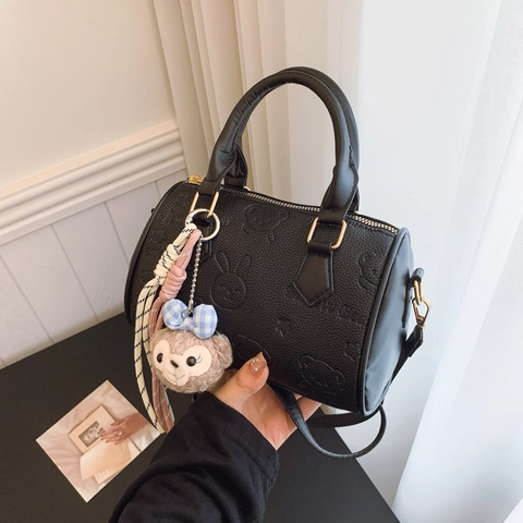 Women Cartoon Bear Embossed PU Leather Boston Pillow Bag Fashion Casual Shoulder Crossbody Bag Handheld Bag With Adjustable Strap