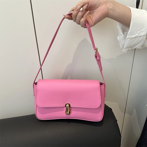 Minimalist PU Leather Underarm Bag With Gold Lock Adjustable Strap Solid Color Women Fashion Shoulder Bag Casual Daily Bag