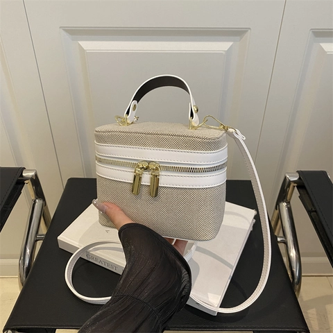 Vintage Women Woven Canvas PU Leather Vanity Crossbody Bag Color Block Small Square Handbag With Adjustable Strap Gold Zipper