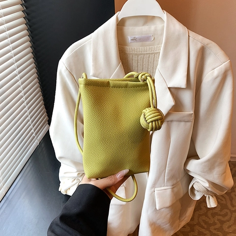 Women Fashion Litchi Pattern PU Leather Mini Mobile Phone Crossbody Bag Knotted Shoulder Strap Minimalist Small Square Bag Candy Color Phone Pouch