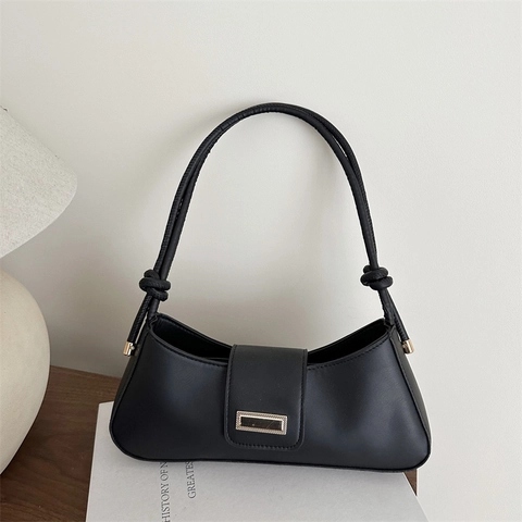 Bolso bajo el brazo de cuero PU minimalista de estilo francés para mujer Bolso de hombro de color sólido con hebilla de metal y nudo