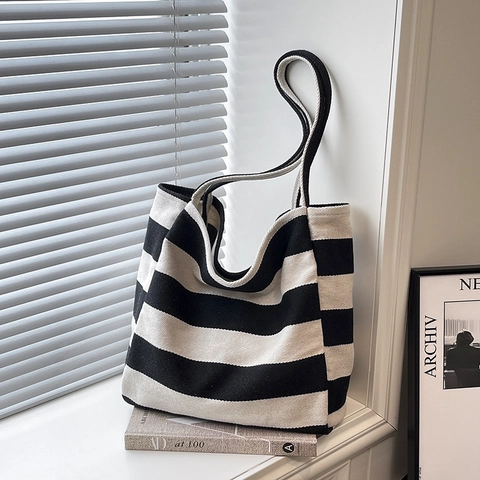 Borsa Tote in Tela a Righe da Donna Grande Capacità Borsa a Tracolla Casual per Viaggi Shopping Pendolarismo Borsa Minimalista