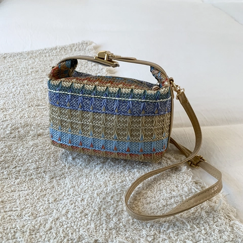 Borsa a Spalla Intrecciata Colorata da Donna Motivo a Onde Geometriche Etniche Borsa in Paglia Con Cinturino in Pelle PU Chiusura in Metallo