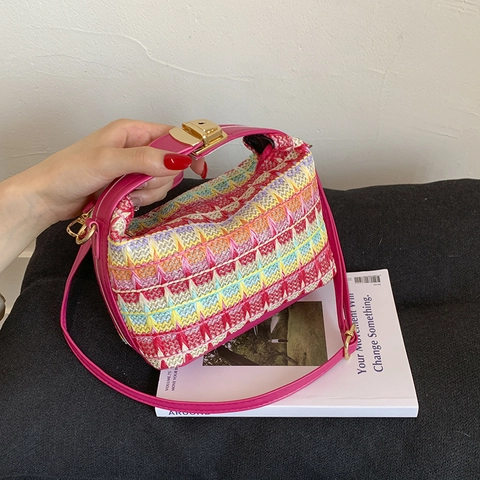 Borsa a Spalla Intrecciata Colorata da Donna Motivo a Onde Geometriche Etniche Borsa in Paglia Con Cinturino in Pelle PU Chiusura in Metallo