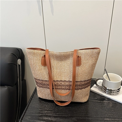 Große Gewebte Stroh Tote Bag Für Damen Sommer Strand Urlaub Schultertasche Mit Braunem Kunstlederriemen Und Spitze