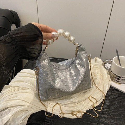 Bolso de Hombro Vintage de Cuero PU con Estampado de Serpiente para Mujer Asa de Perlas Artificiales Cadena Dorada Bolso de Mano Elegante de Fiesta