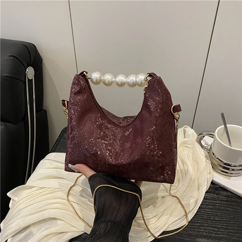 Bolso de Hombro Vintage de Cuero PU con Estampado de Serpiente para Mujer Asa de Perlas Artificiales Cadena Dorada Bolso de Mano Elegante de Fiesta