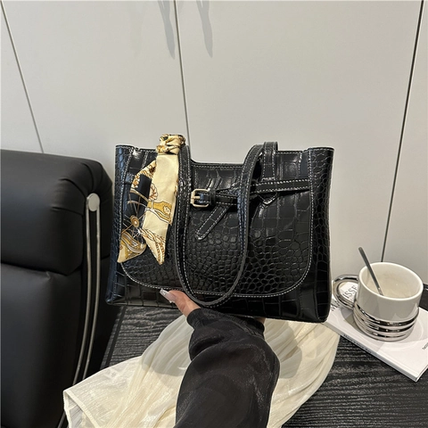 Sac Tote Minimaliste pour Femmes Motif Crocodile Avec Foulard Décoratif en Cuir PU Sac à Épaule de Grande Capacité