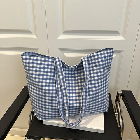 Women Large Capacity Gingham Canvas Tote Bag Summer Casual Checkered Shoulder Bag For Students School Beach Shopping Travel Handbag