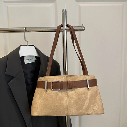 Retro Dames Schoudertas Imitatie Suède Leer Onderarm Tote Bag Riemgesp Decor Kleine Vierkante Handtas Dagelijks Werk