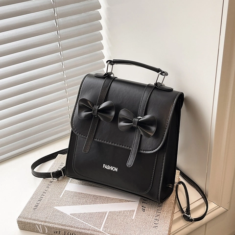 Women PU Leather Butterfly Bow Backpack Preppy Style Street Fashion Versatile Handbag With Artificial Pearl Heart Charm Mini Daypack