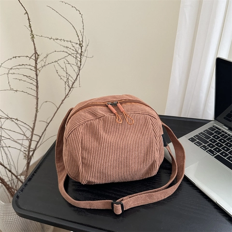 Borsa a Tracolla da Donna in Velluto a Coste Grande Capacità Tinta Unita Con Cerniera Crossbody Bag Vintage Street Style Casual Pendolare Hobo Bag