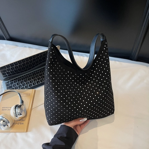 Women Fashion Rhinestone Hobo Bag Velveteen Underarm Shoulder Bag For Daily Party Black Silver Rhinestone Tote Handbag
