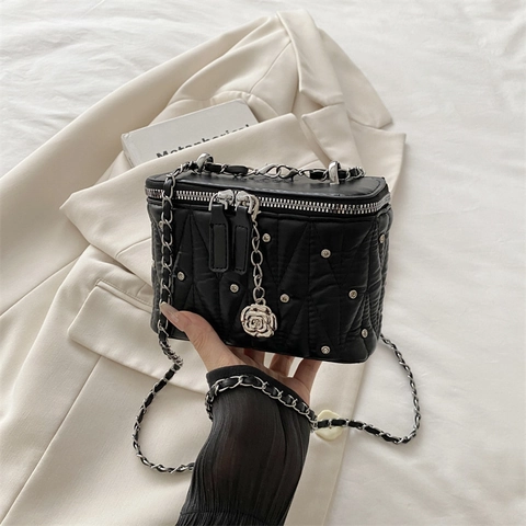 Women Fashion Quilted Rhombus Box Bag PU Leather Chain Strap Crossbody Bag With Camellia Pendant Simple Summer Vanity Case