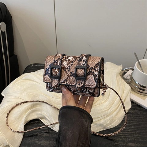 Vintage Python Slangenprint PU Leer Mini Crossbodytas Voor Dames Dubbele Gesp Klep Kleine Vierkante Schoudertas