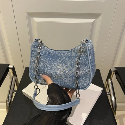 Women Washed Denim Rhinestone Shoulder Bag Fashion Metal Chain Strap Y2K Hobo Underarm Bag Casual Small Square Purse