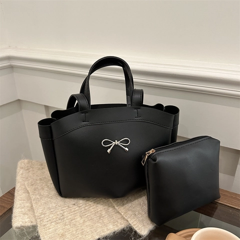 Sac Tote Femme Élégant en Cuir PU Ensemble de 2 Pièces Avec Nœud en Métal Sac à Bandoulière Grande Capacité