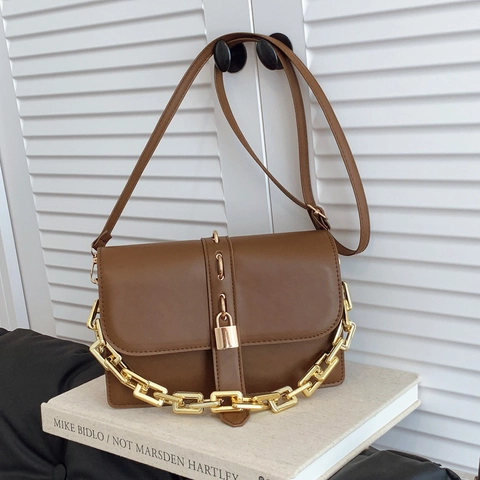 Piccola Borsa Quadrata in Pelle PU Minimalista Con Catena e Lucchetto Donna Moda Borsa a Spalla Tracolla e a Mano
