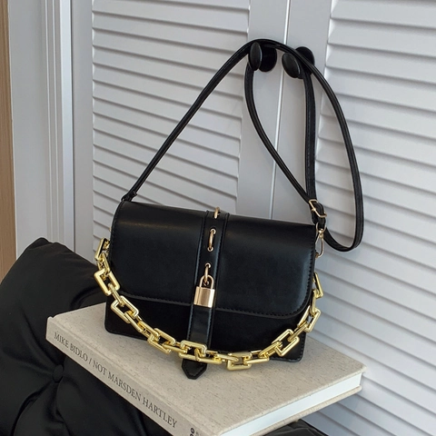 Piccola Borsa Quadrata in Pelle PU Minimalista Con Catena e Lucchetto Donna Moda Borsa a Spalla Tracolla e a Mano