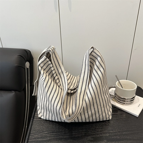 Large Capacity Striped Canvas Tote Bag For Women Casual Simple Vertical Stripe Shoulder Hobo Bag For Daily Commuting Travel