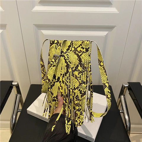 Women Fashion PU Leather Snake Pattern Mobile Phone Bag With Long Tassel Adjustable Strap Daily Crossbody Shoulder Bag Small Square Bag