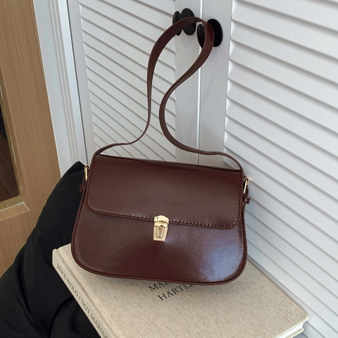 Borsa a Tracolla da Donna in Pelle PU Retro Vintage Minimalista Borsa Sottobraccio Baguette Con Chiusura in Metallo Elegante