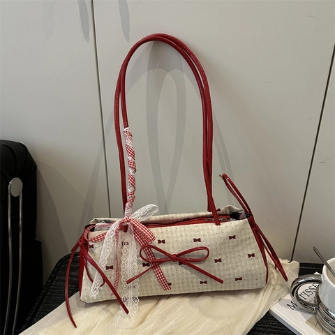 Sac à Bandoulière Pour Femmes Avec Imprimé Nœud Style Coquette Sac Sous Les Aisselles Avec Décoration En Ruban De Dentelle Sac à Main Vintage