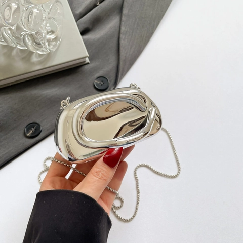 Acrylic Evening Bag Women Metallic Mirror Finish Clutch Bag With Chain Strap Irregular Oval Banquet Handbag Party Jewelry Purse