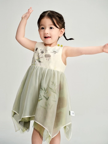Girl's Chinese Style Ink Wash Painting Dress Sleeveless Nylon Mesh Tulle Lyocell Cotton Lining Summer Casual Party Dress